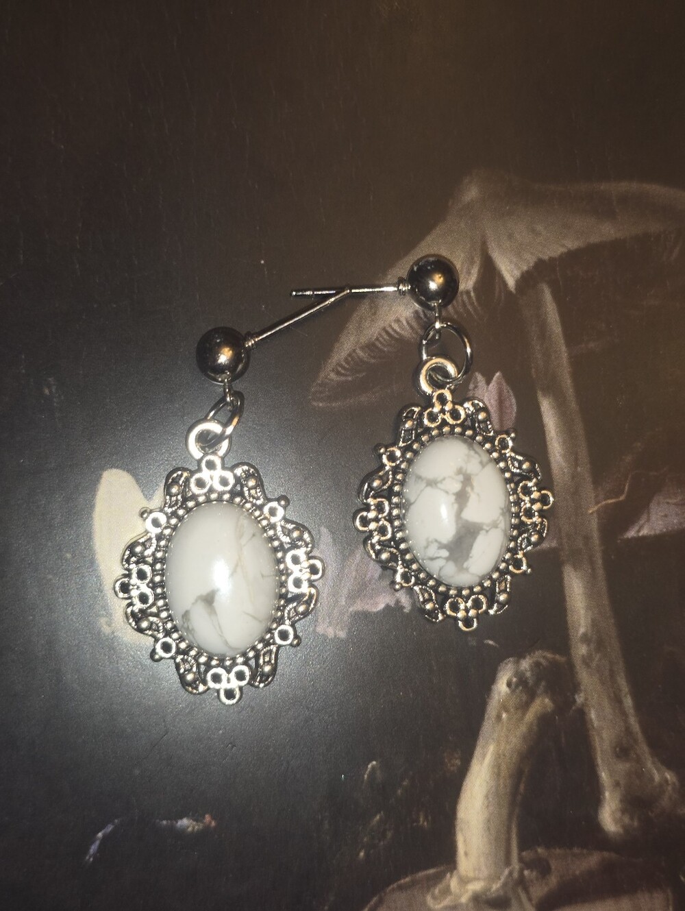 White Howlite Cabochons In Silver Tone Bezels With Stainless Steel Stud Earrings